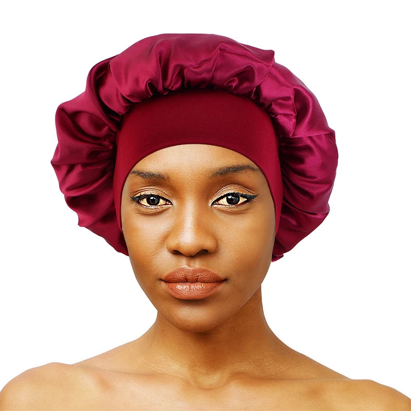 New Women's Satin Solid Wide-brimmed Sleeping Hat Unisex Head Wrap Elastic Band Cap Hair Care Bonnet Night Hat bonnet de nuit Beauty Fashion