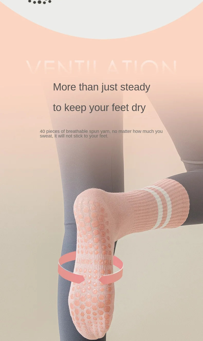 1 pair of women's yoga socks, skipping rope sports socks, Pilates indoor anti slip floor socks, double bar mid leg socks Beauty World Shop