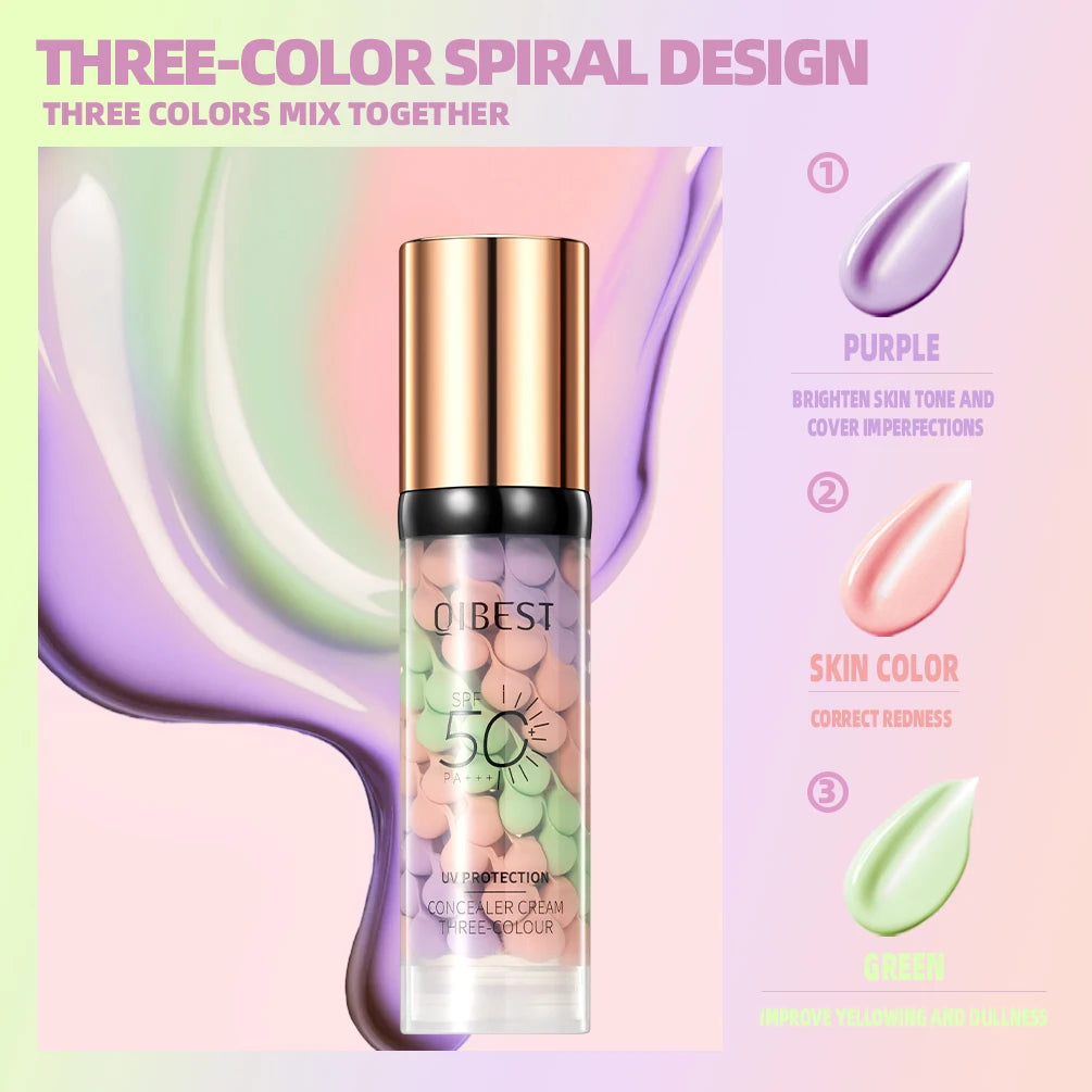 Qibest Three Color Press Release Cream Concealer Isolate Makeup Facial Base Brightening Cream Liquid Concealer Face Primer