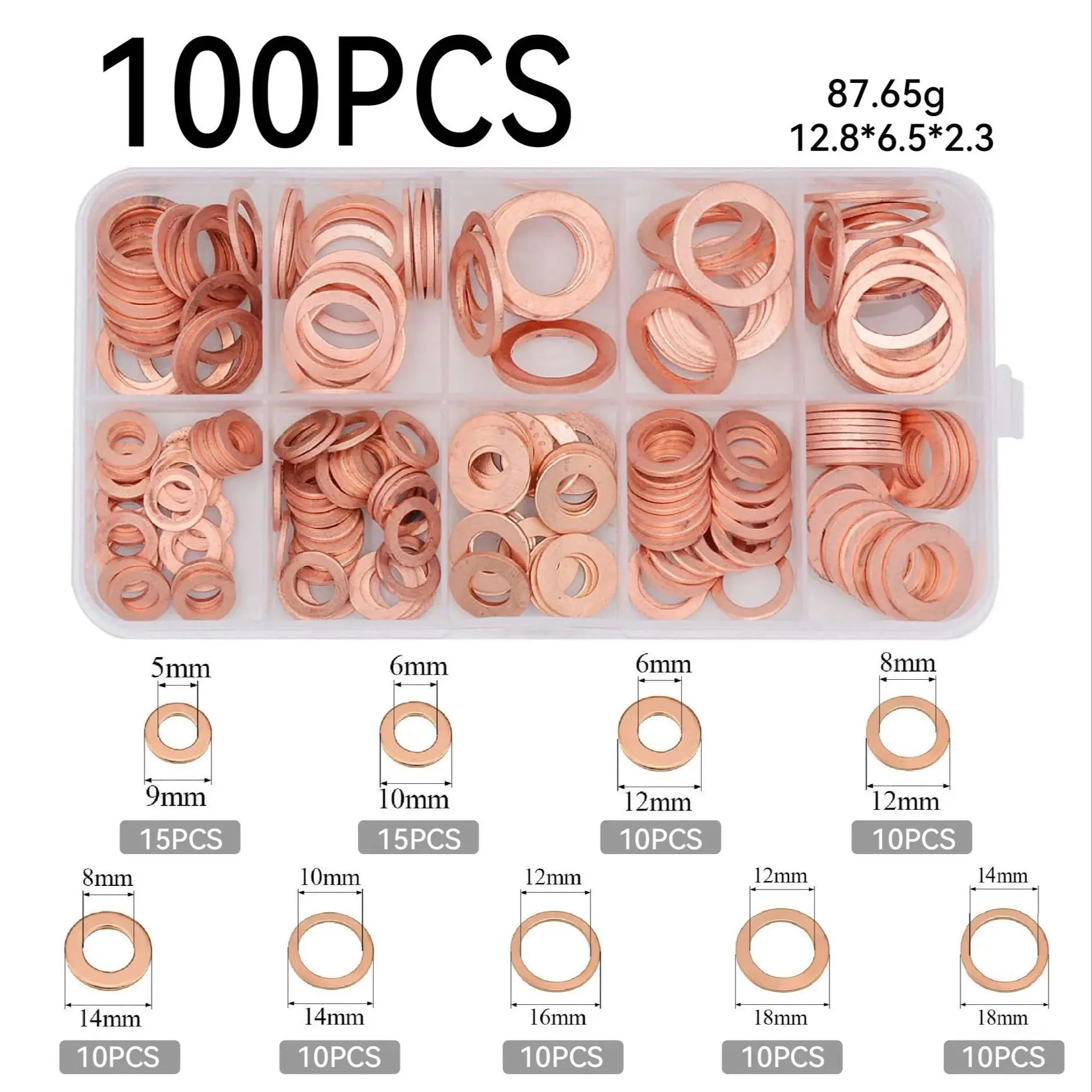 Copper Washer Gasket Nut And Bolt Set - Flat Ring Seal Assortment Kit with Box for Sump Plugs - M8/M10/M12/M14 Beauty World Shop