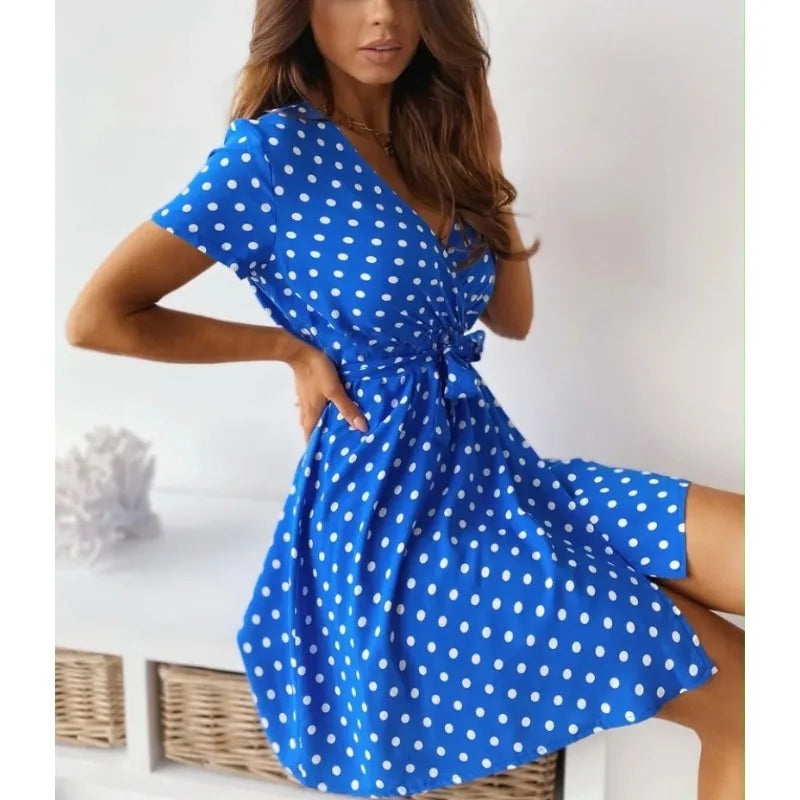 Summer Women's Polka Dot Printed Short Sleeved Casual Dress Fashionable V-neck Belt Commuting Dress Holiday Party Women's Dress Beauty World Shop