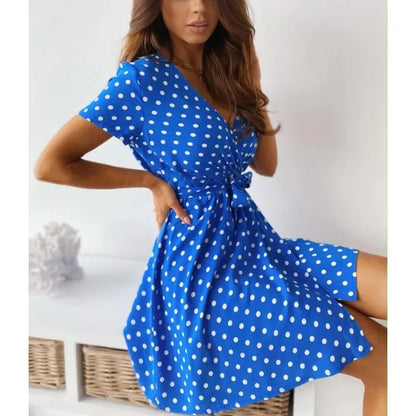 Summer Women's Polka Dot Printed Short Sleeved Casual Dress Fashionable V-neck Belt Commuting Dress Holiday Party Women's Dress Beauty World Shop