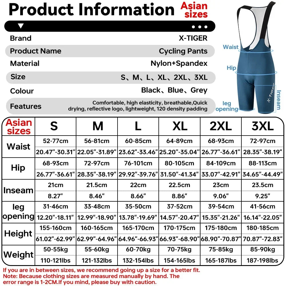 X-TIGER Cycling Bib Pants 120 High Density Cushion Men's Cycling Shorts Road Bike MTB Cycling Pants Sports Fitness Casual Pants Beauty World Shop