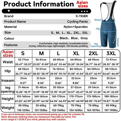 X-TIGER Cycling Bib Pants 120 High Density Cushion Men's Cycling Shorts Road Bike MTB Cycling Pants Sports Fitness Casual Pants Beauty World Shop