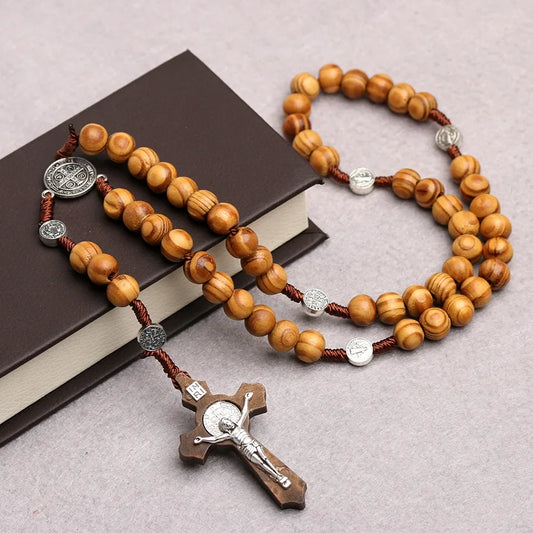 Catholic Wood Beaded Rosary Necklaces For Women Christian INRI Crucifix Cross Pendant Long Chain Men Religion Prayer Jewelry Beauty Trend Shop