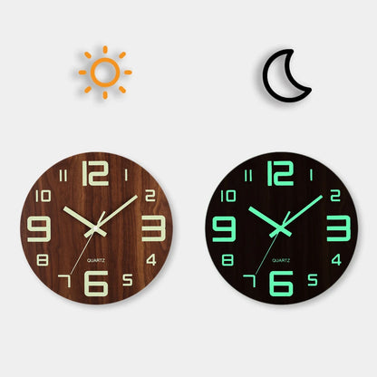 12 Inch Luminous Wall Clock Wood Silent light in dark night Nordic Fashion Wall Clock Non Ticking Clock With Night Light Beauty World Shop