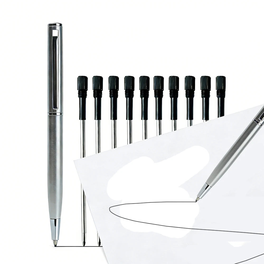 Mini Stainless Steel Metal Ballpoint Pen with 10 Replacement Refills Set, Portable Pocket Ballpen Compact Short Pen for Wallet Beauty World Shop