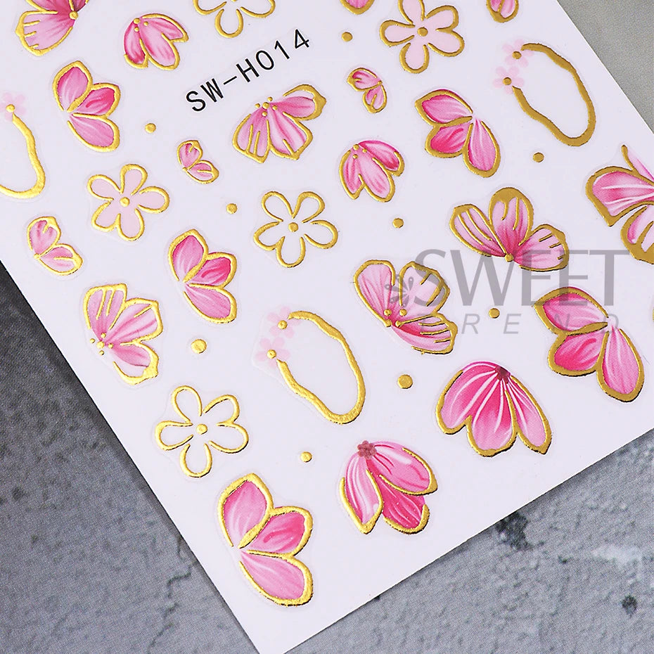 2/3pcs Golden Pink Hibiscus Flower Nail Stickers 3D Bronzing Border Petals Sakura Line Sliders Nail Decals DIY Manicure Decor Beauty World Shop