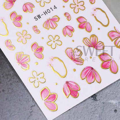 2/3pcs Golden Pink Hibiscus Flower Nail Stickers 3D Bronzing Border Petals Sakura Line Sliders Nail Decals DIY Manicure Decor Beauty World Shop