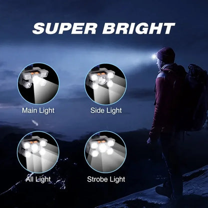 5LED Bright Headlamp Rechargeable Waterproof Adjustable 4Modes Lightweight for Outdoor Camping Running Hiking Beauty Fashion