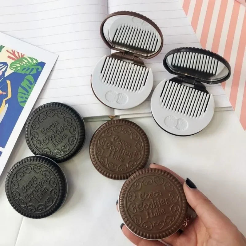 Chocolate Biscuit Round Folding Make Up Mirror Ins Kawai Outside Pocket Mirrors Women Small Cocoa Mirror with Combs Black Coffee Beauty World Shop