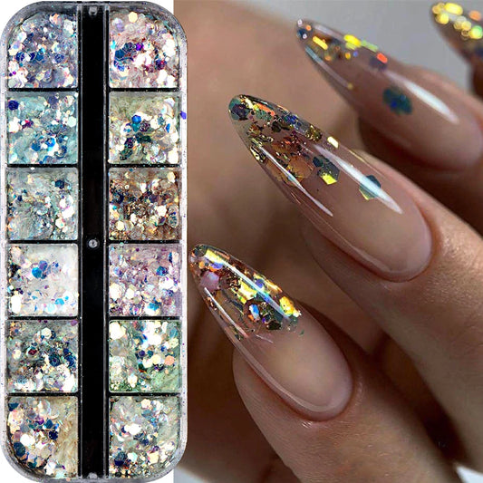 12 Grids Shimmery Mermaid Hexagon Nail Art Glitter Sequins Holographic Mirror Nail Powder Flakes Nail Charms Decoration Manicure Beauty World Shop