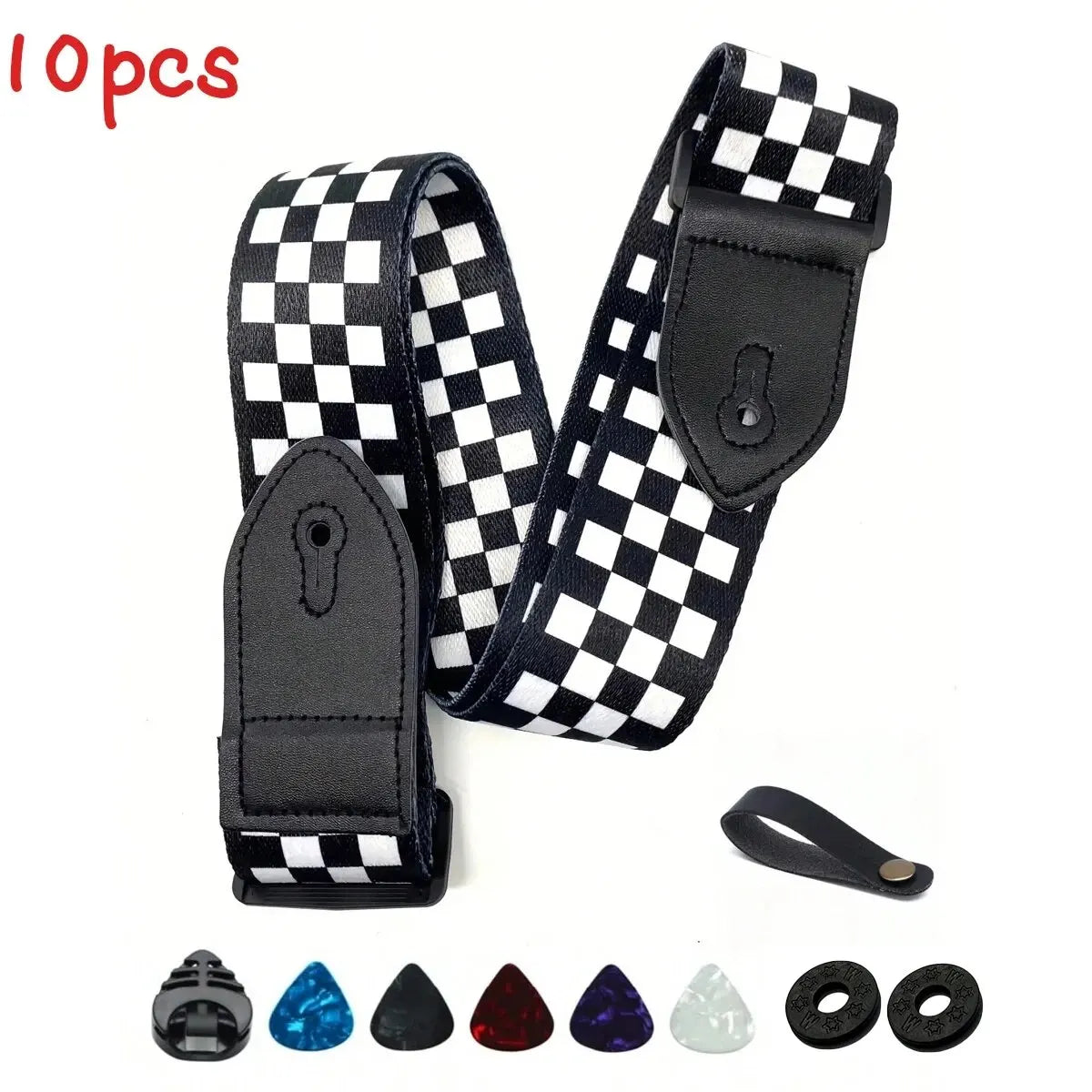 10pcs Guitar Shoulder Strap, Black and White Squares Pattern Adjustable Guitar Shoulder Strap Includes 5 Guitar Picks and 1 Hold Beauty World Shop