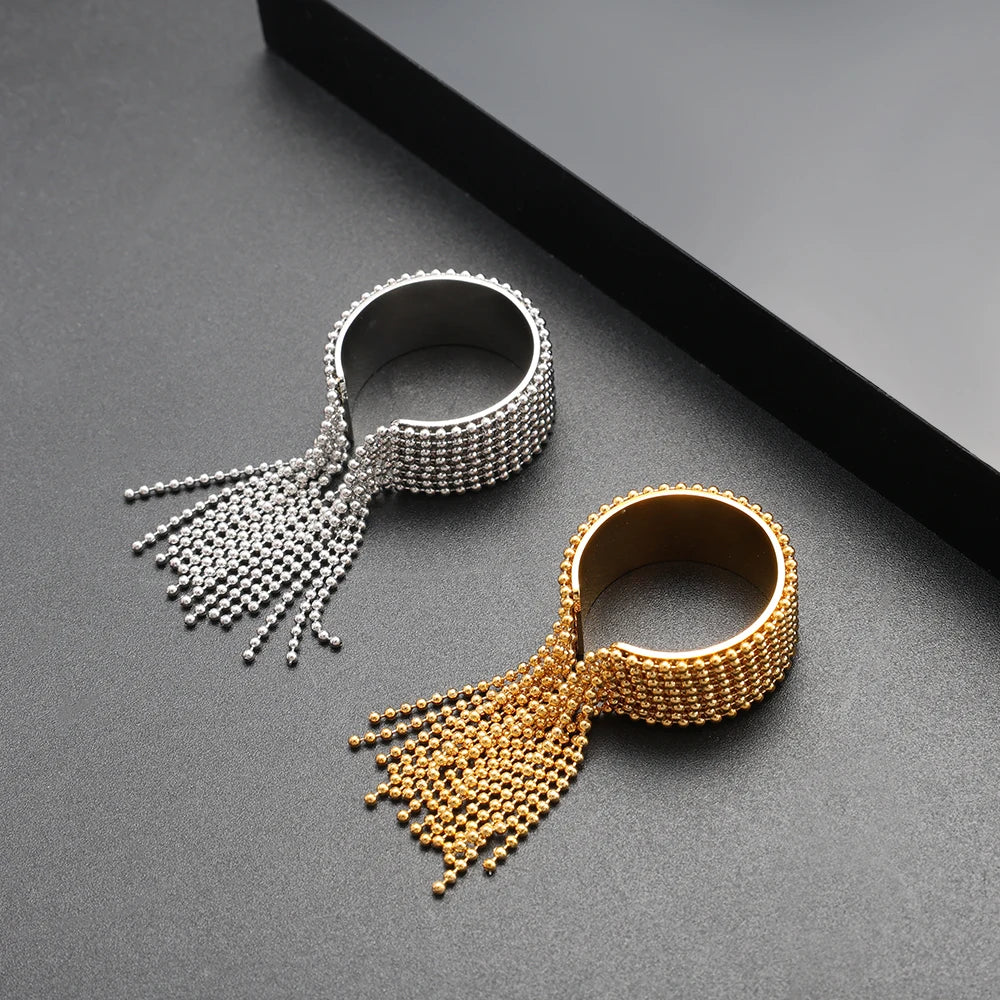 JOVO LOVE Stainless Steel Chain Tassel Finger Ring Adjustable Golden High Quality Charm Open Rings Stylish Waterproof Jewelry Beauty World Shop