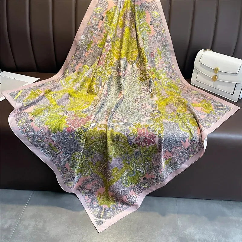 90cm Silk Twill Square Scarf For Women Spring Print Hair Band Hijab Foulard Sunsceen Neckerchief Shawl Wraps Echarpe New Beauty World Shop