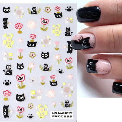 2pcs Black Cat Nail Stickers 3D Cute Cartoon Animal 3D Self-Adhesive Nail Art Decals Sliders Decorations Manicure Accessories Beauty World Shop