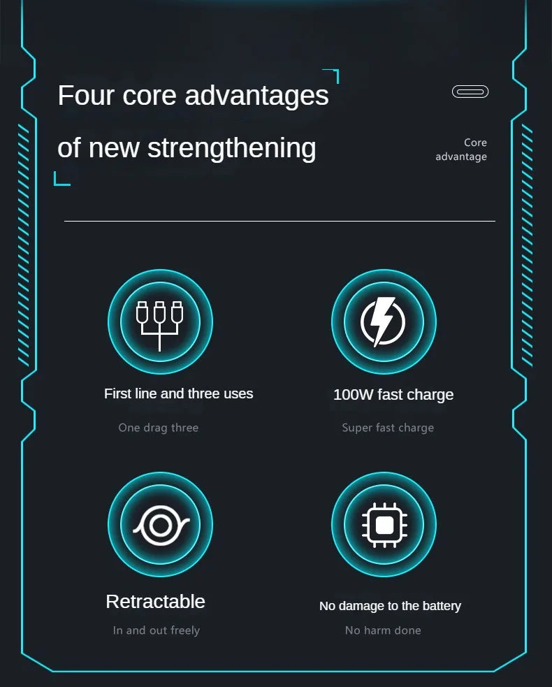 3 In 1 Retractable USB 100W Cable Fast Charging And Data Micro USB Type C For iphone6-14 Android Phone Xiaomi Huawei OPPO Beauty World Shop