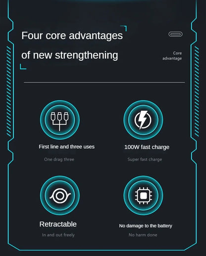 3 In 1 Retractable USB 100W Cable Fast Charging And Data Micro USB Type C For iphone6-14 Android Phone Xiaomi Huawei OPPO Beauty World Shop