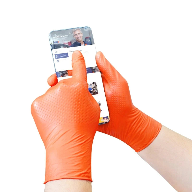 Heavy Duty Orange Nitrile Gloves 8Mil Industrial Disposable Gloves with Diamond Textured Grip for Mechanic Safety & Work Gloves Beauty World Shop