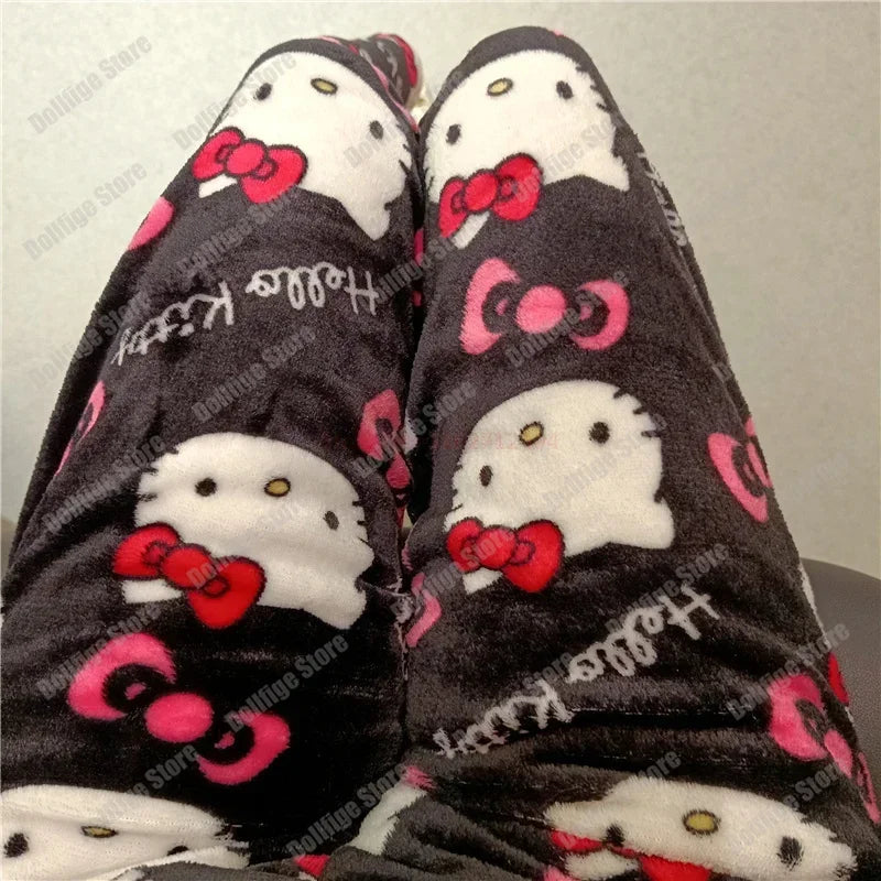 2024 Sanrio Hello Kitty Pajamas Halloween Flannel Fashion Trouserswomen Kawaii Woolen Anime Cartoon Casual Home Pants Autumn Beauty Fashion