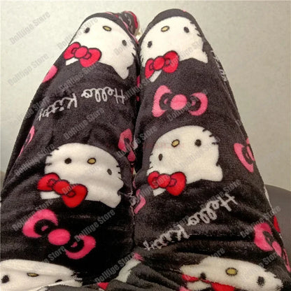 2024 Sanrio Hello Kitty Pajamas Halloween Flannel Fashion Trouserswomen Kawaii Woolen Anime Cartoon Casual Home Pants Autumn Beauty Fashion