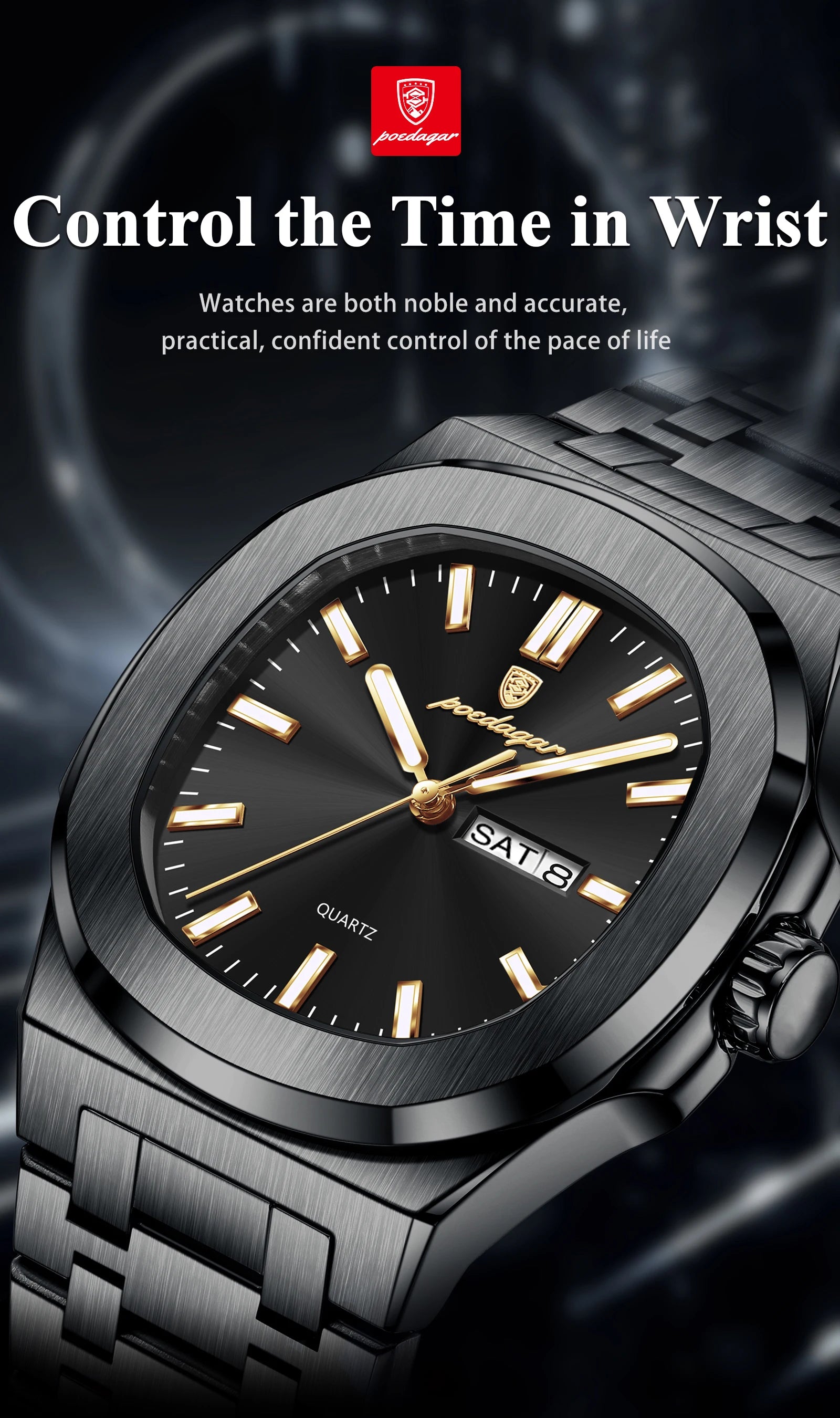 POEDAGAR Square Luxury Men's Wristwatch Luminous Waterproof Stainless Steel Male Clock Week Date Original Quartz Watches For Men Beauty World Shop