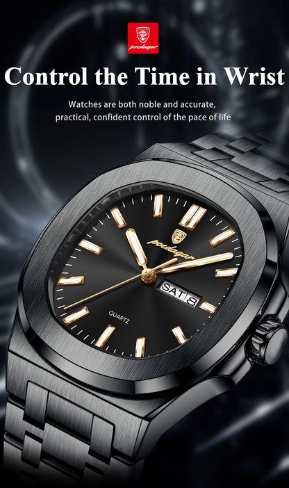POEDAGAR Square Luxury Men's Wristwatch Luminous Waterproof Stainless Steel Male Clock Week Date Original Quartz Watches For Men Beauty World Shop