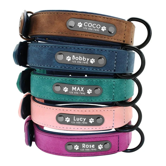 Personalized Name ID Tags Dog Collars Custom Text name Leather Dog Collar For Small Medium Large Dogs Pitbull Bulldog Beagle Beauty World Shop