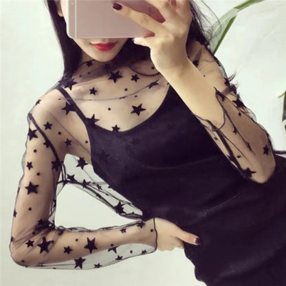 New Transparent See Through Shirt Women Sexy Harajuku Mesh Tops Net Undershirt Star Base Top Camisas Femininas Clubwear SheerTee Beauty Trend Shop
