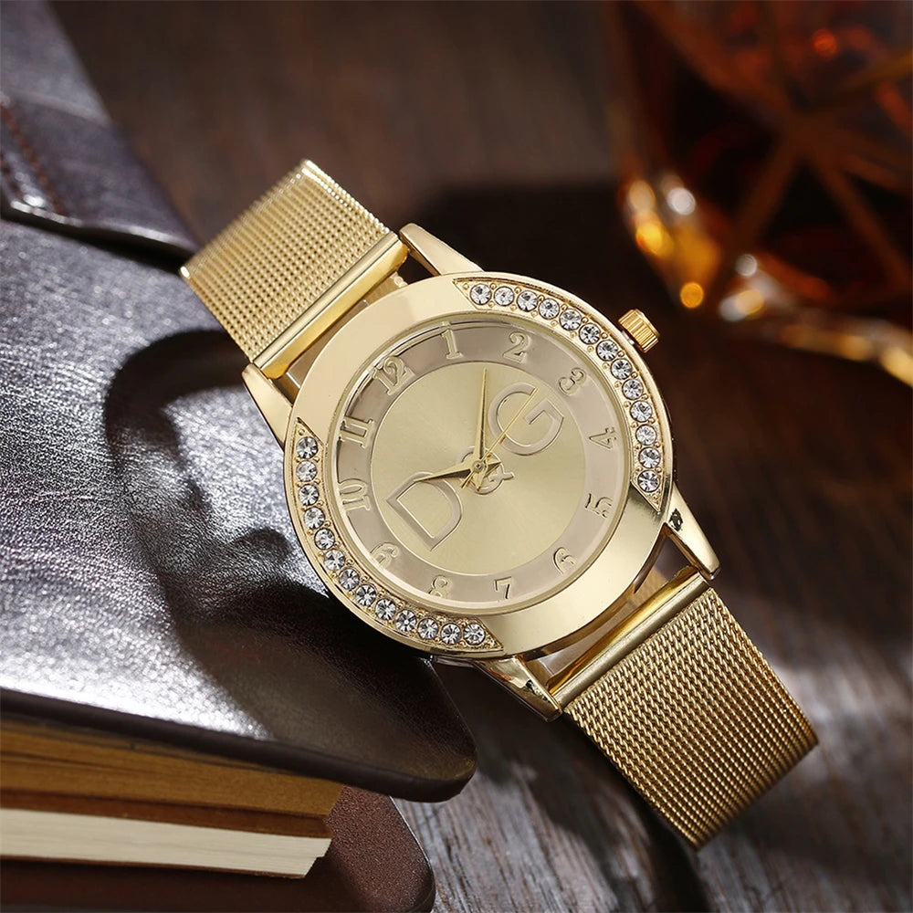 Fashion DQG Brand Starry Sky Diamond encrusted Women's Quartz Watch Casual Stainless Steel Gold Mesh Strap Women's Dress Watches Beauty World Shop