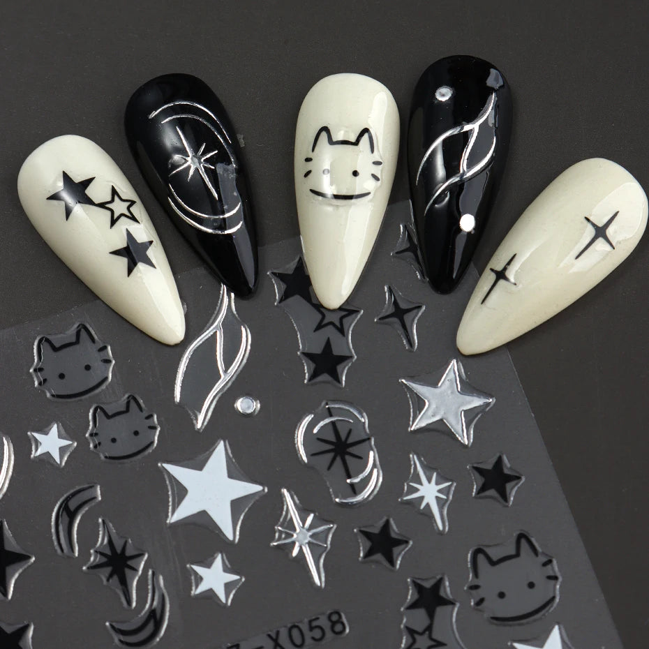 Black Silver Cat Animals Nail Sticker Decals Y2K Charms Cute Dog Cartoon Adhesive Sliders Foils For Manicure Nail Art Decoration Beauty World Shop
