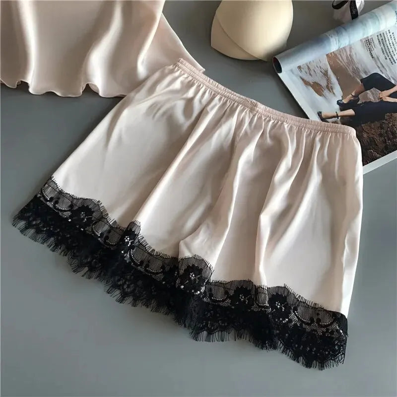 Women Pajama Suit Fashion V-Neck Lace Sexy Lingerie Pyjamas Sleep Shorts Set Sleepwear New Beauty World Shop