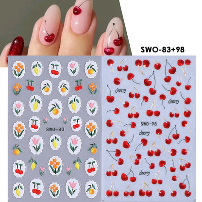 2pcs Sweet Element Nail Art Stickers Simple Flower Heart Cherry Strawberry Kawaii Decals Colorful Bow Butterfly Manicure Sliders Beauty World Shop