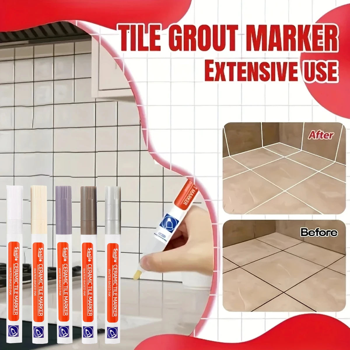 1Pcs Waterproof Ceramic Tile Grout Marker Pen, White Tile Repair Pen with Anti-Mold Filler, Bathroom Floor Tile Gap Cleaning Pen Beauty World Shop