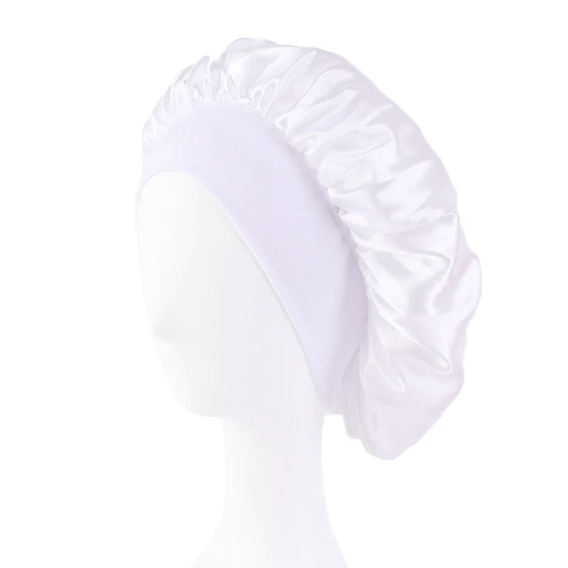 New Women's Satin Solid Wide-brimmed Sleeping Hat Unisex Head Wrap Elastic Band Cap Hair Care Bonnet Night Hat bonnet de nuit Beauty Fashion