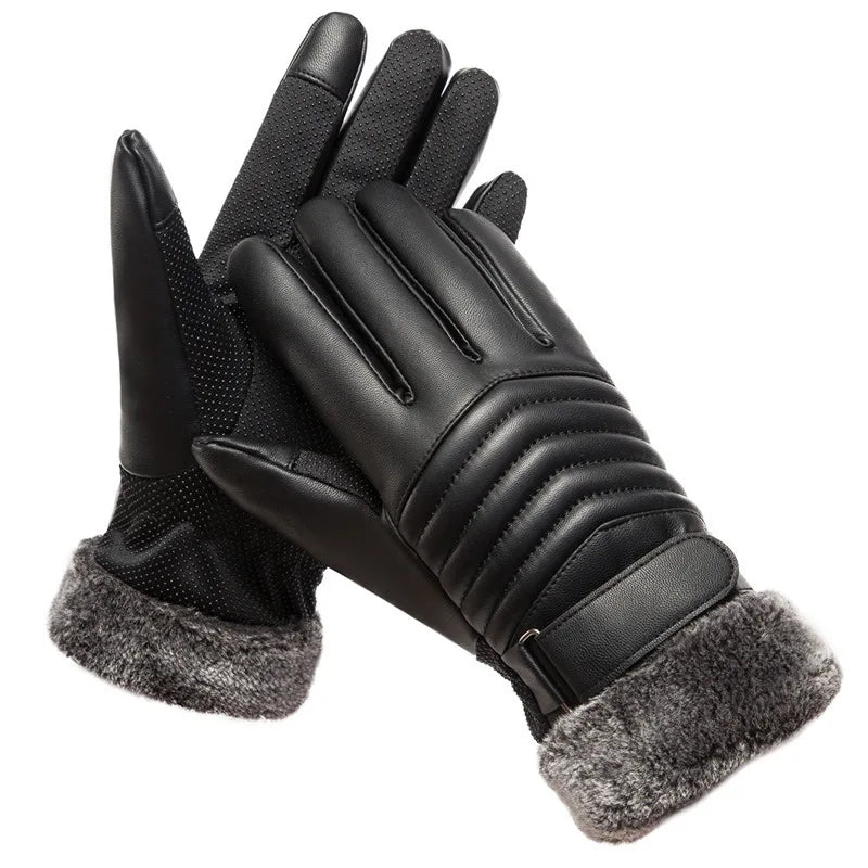 Gloves Winter MEN'S Fur Mouth Plush Insulation Gloves Outdoor Cycling Motorcycle PU Touch Screen Cotton Gloves Beauty World Shop