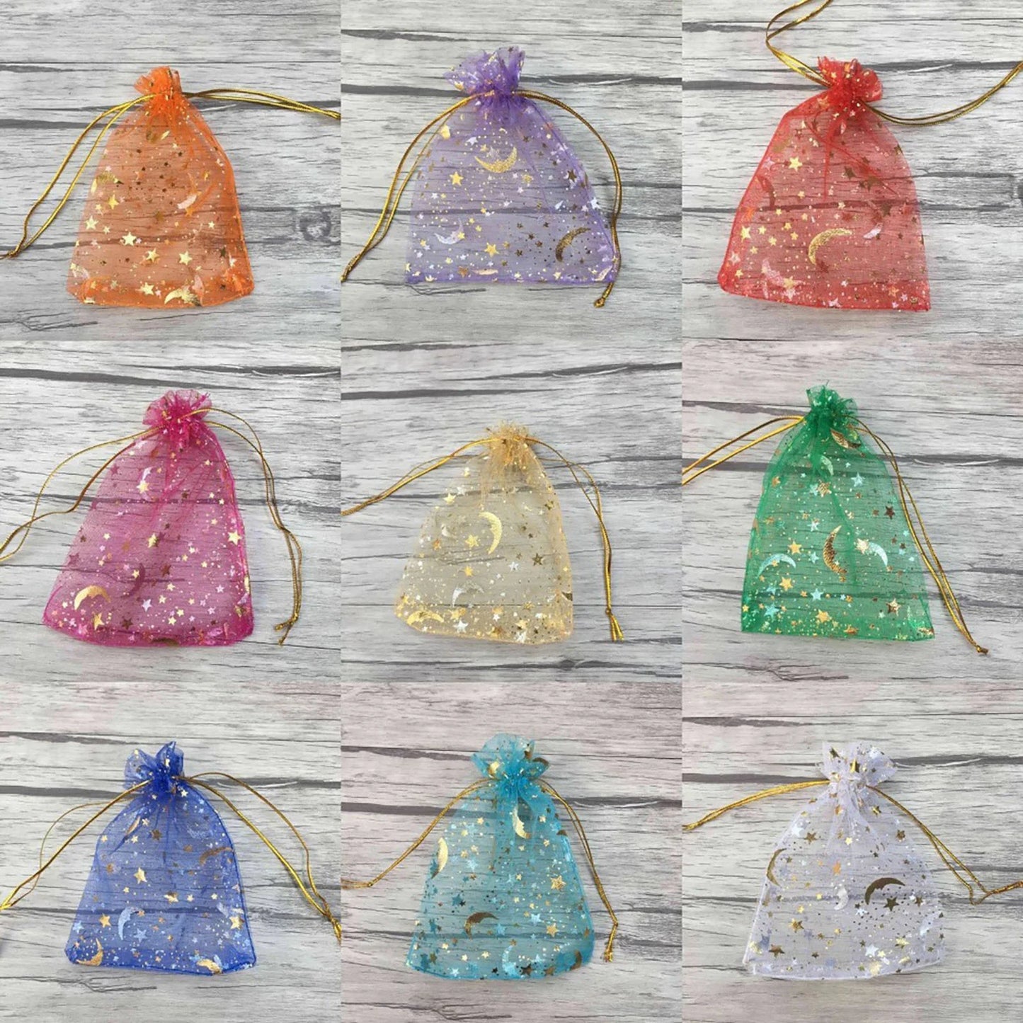 50PCS Moon Stars Drawstring Organza Bags Jewelry Gift Bags Pouches Gold Star Organza Favor Pouches for Christmas Wedding Beauty World Shop