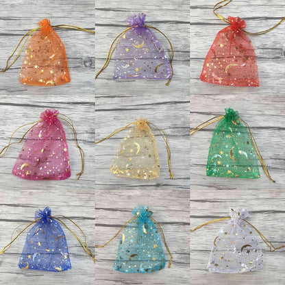 50PCS Moon Stars Drawstring Organza Bags Jewelry Gift Bags Pouches Gold Star Organza Favor Pouches for Christmas Wedding Beauty World Shop