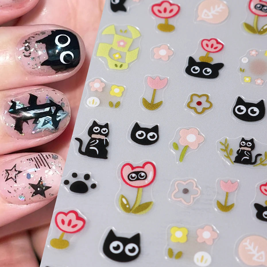 2pcs Black Cat Nail Stickers 3D Cute Cartoon Animal 3D Self-Adhesive Nail Art Decals Sliders Decorations Manicure Accessories Beauty World Shop