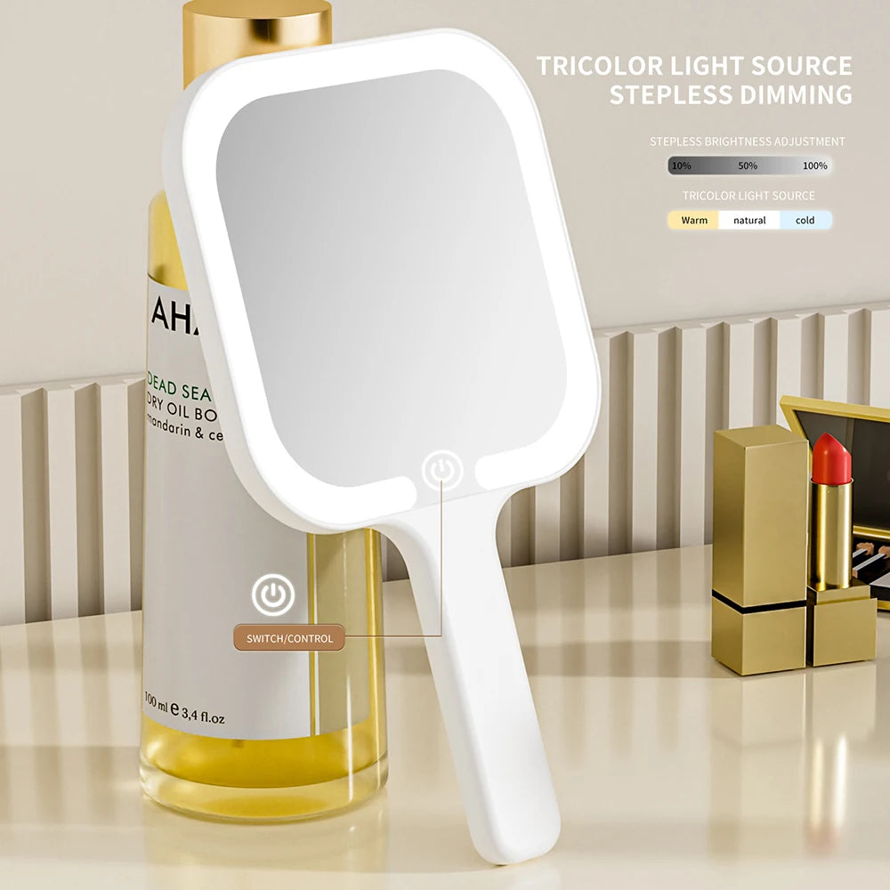 LED Smart Makeup Mirror Hand-held Carry 3 Colors Adjust Bright with Touch Screen Cosmetic Tabletop Vanty Mirror Travel Home Use Beauty World Shop