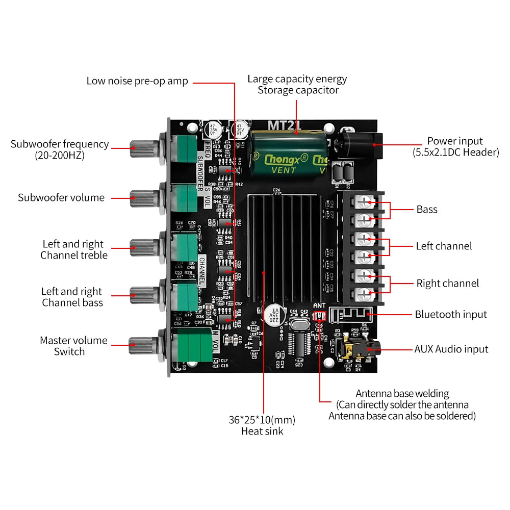 ZK-MT21 Sound Amplifier Module 2x50W+100W 2.1 Channel Subwoofer Bluetooth 5.0 Digital Power Amplifier Board AUX 12V/24V Stereo Beauty World Shop