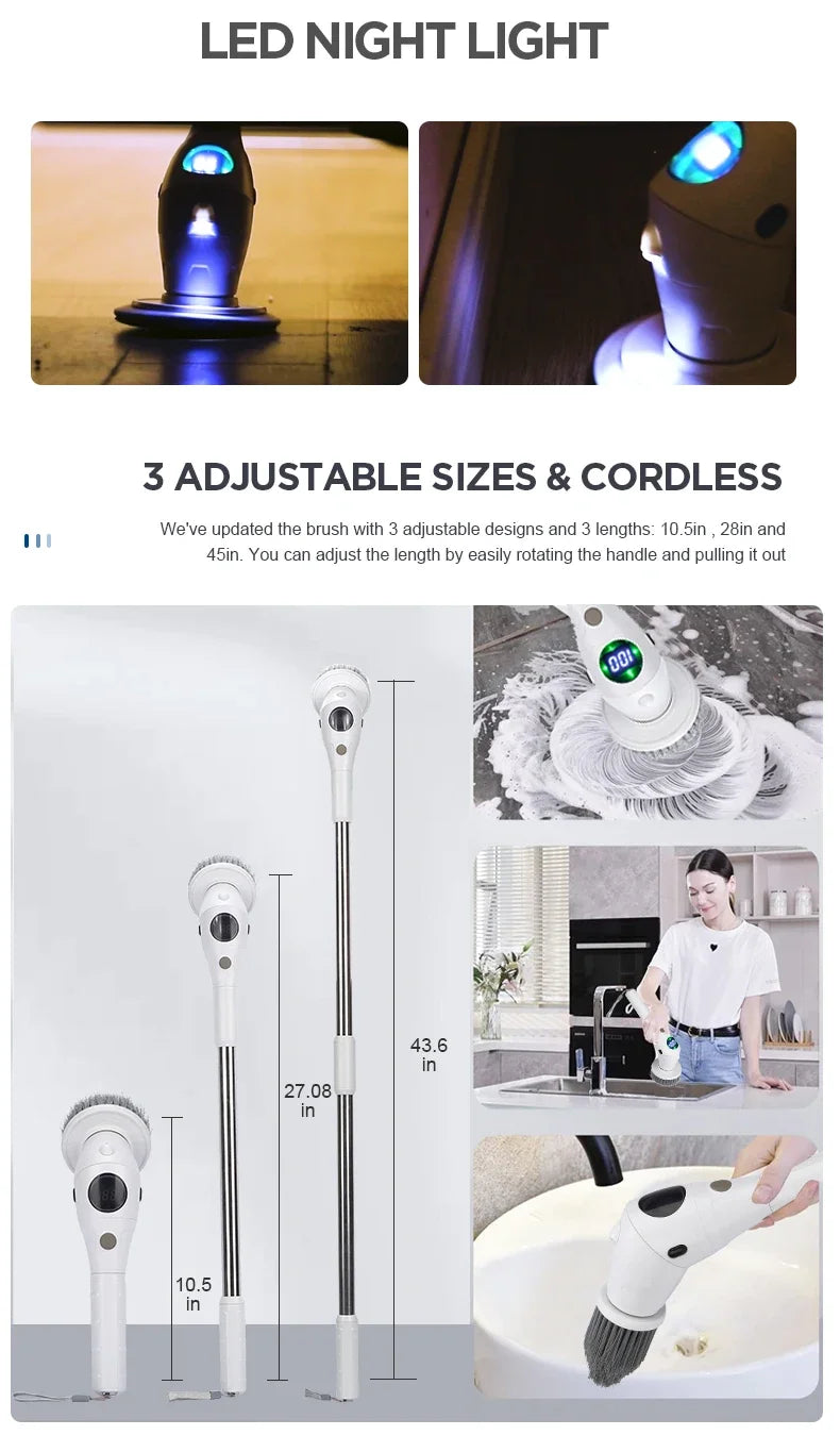 8-in-1 Multifunctional Electric Cleaning Brush Bathroom Kitchen Brush Cleaning With LED NightLight Rotatable Household Brush