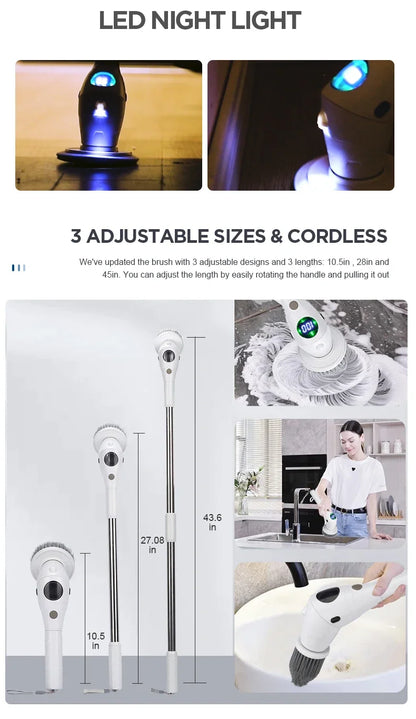 8-in-1 Multifunctional Electric Cleaning Brush Bathroom Kitchen Brush Cleaning With LED NightLight Rotatable Household Brush