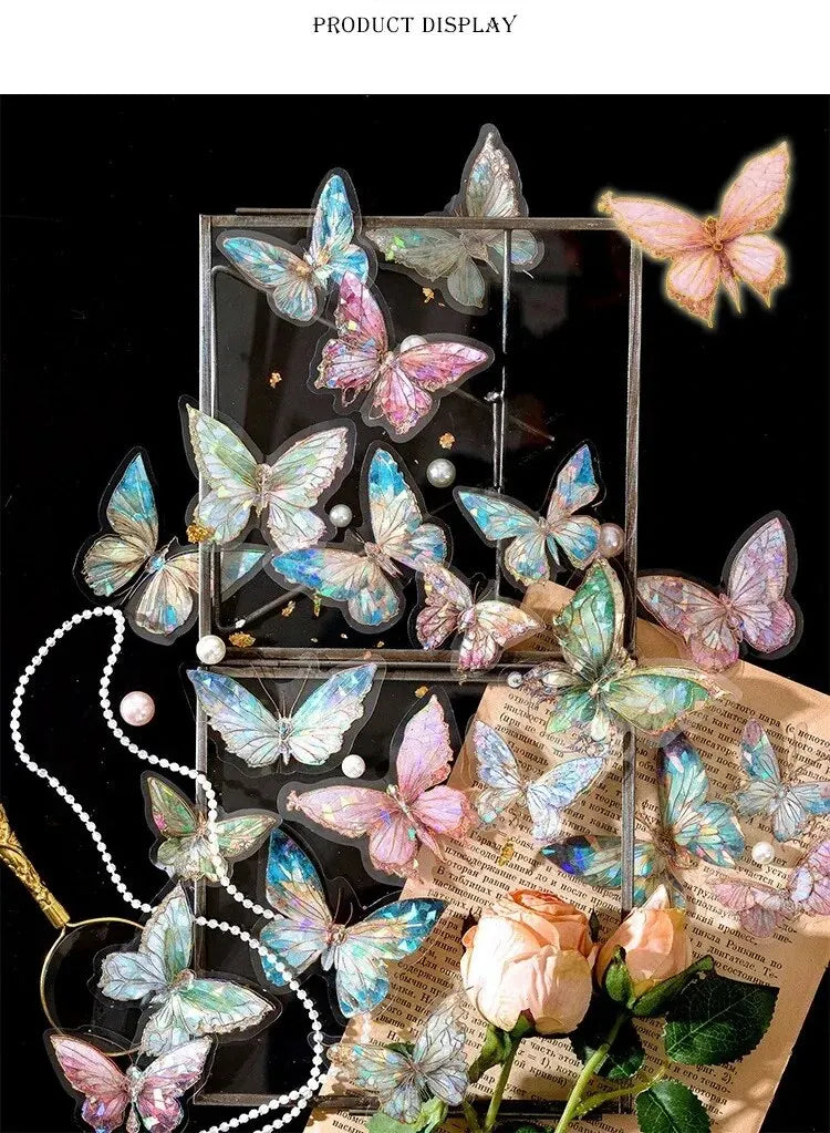 5Style 20pcs/pack INS Butterfly PET Sticker Pack Ice Crystal Laser Gold DIY Handbook Decoration 3D Scrapbook Beauty World Shop