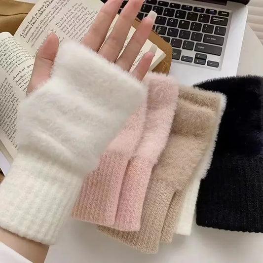 Fashionable Half Finger Gloves Suitable for Women's Soft and Warm Winter Luxurious Solid Color Plush Knitted Fingerless Gloves Beauty Fashion