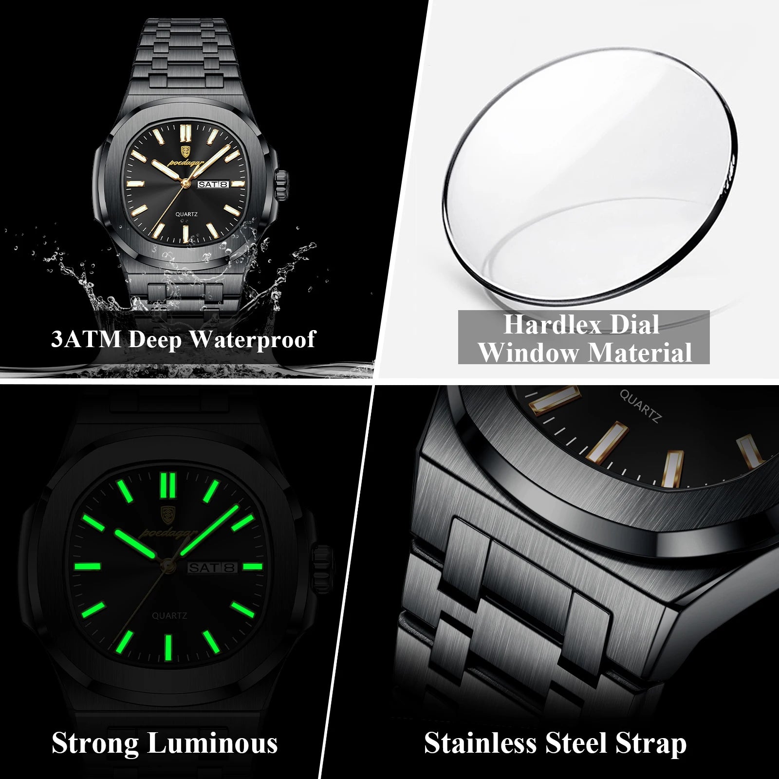 POEDAGAR Square Luxury Men's Wristwatch Luminous Waterproof Stainless Steel Male Clock Week Date Original Quartz Watches For Men Beauty World Shop