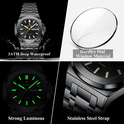 POEDAGAR Square Luxury Men's Wristwatch Luminous Waterproof Stainless Steel Male Clock Week Date Original Quartz Watches For Men Beauty World Shop