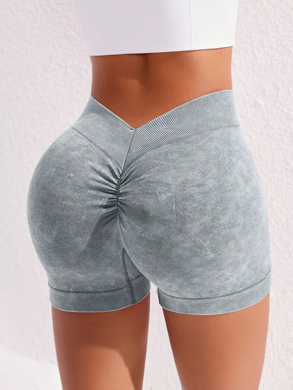 Women's Washed Yoga Shorts Fitness Quick Drying High Waist Workout Biker Shorts Hip Lift V Waist Sports Shorts