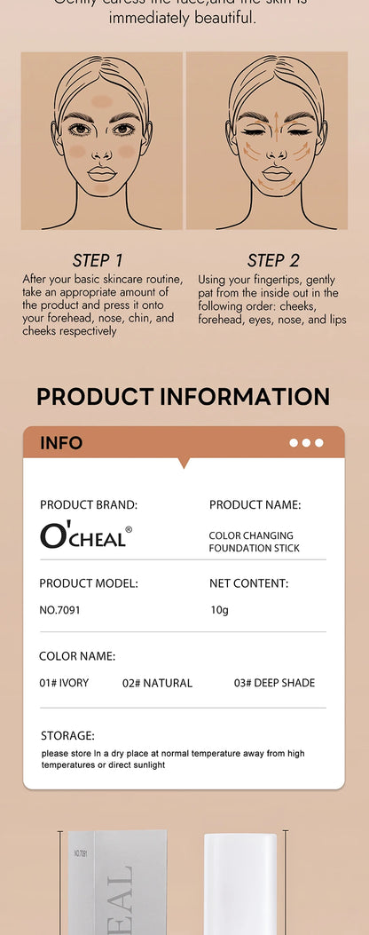 O'CHEAL Temperature Changing Foundation Stick Facial Coverage Blemishes Pores Double-Headed Face Matte Makeup Foundation Cream Beauty World Shop