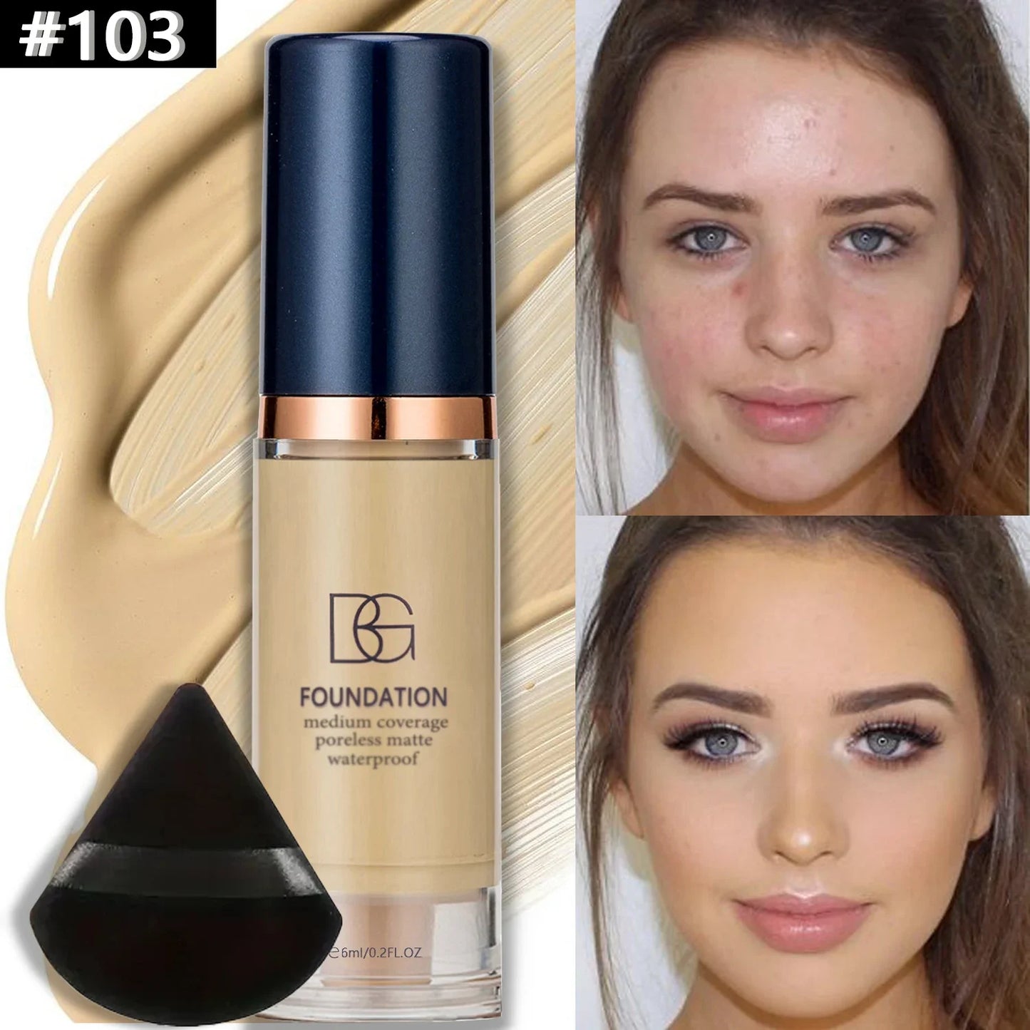 2Pcs Full Coverage Waterproof Liquid Foundation&Black Triangular Powder Puff-LongLasting Matte Finish Dark Circle&Blemish Cover Beauty World Shop